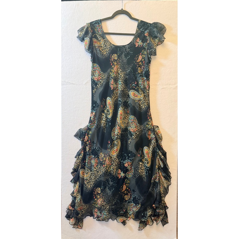 LP Oggi Stile Italiana Maxi Dress L Paisley Leopard Ruffle Chiffon Beaded Black - Picture 2 of 7